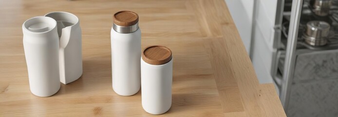 Top view of white reusable bottle thermos with bamboo lid on kitchen counter, kitchen counter, reusable, bamboo lid, hot drinks, beverage