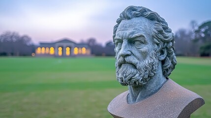 Obraz premium Stone Bust Statue Outdoor Park Green Grass Building Background