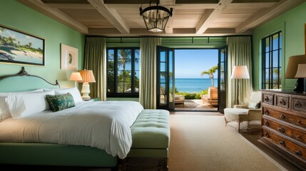 Naklejka premium Luxury Ocean View Bedroom Suite: Tranquil Coastal Escape