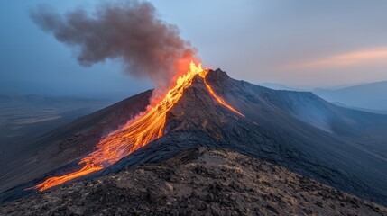 Dramatic Volcanic Eruption Lava Flow Ash Plume Night Sky Landscape
