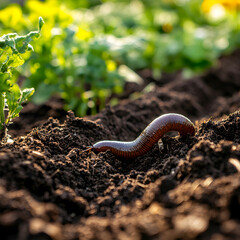 Fototapeta premium Aerating worm enhancing soil freshly tilled garden nature scene vibrant environment close-up view soil enrichment concept