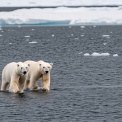 Two polar bears walking in shallow arctic water, ice floes in background.