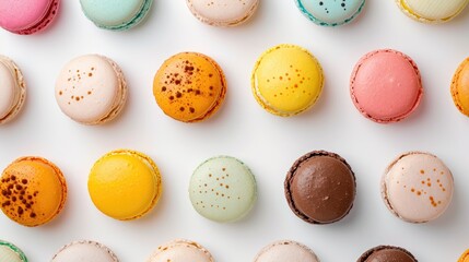 Obraz premium Top view of pastel macaroons on white background.