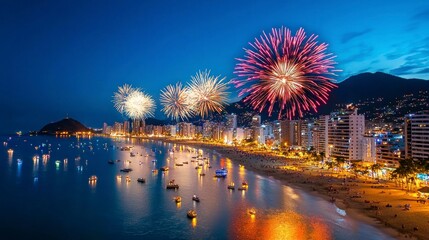A vibrant beach city skyline illuminated by colorful fireworks against a twilight sky, reflecting lights on calm waters.
