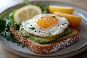 A plate with a slice of toast topped with avocado and a fried egg, garnished with lemon wedges and parsley.