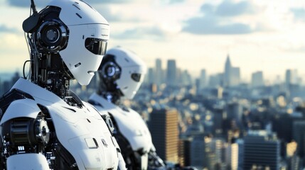 Fototapeta premium A robotic language translation research lab, multicultural cityscape with translation robots assisting diverse communities, Language Technology style