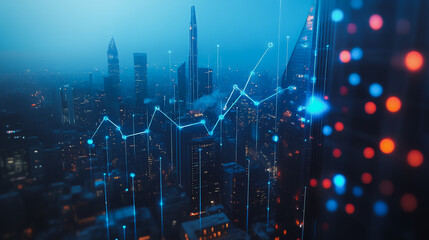 Fototapeta premium Smart digital city with connection cyber security network reciprocity over the twilight cityscape.future wireless digital city and social media networking systems that connects people within the city