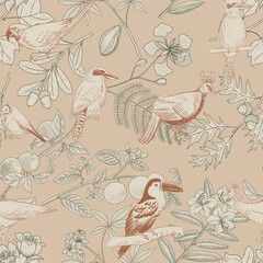vector seamless pattern with drawing flowers, birds and leaves, floral graphic background, hand drawn illustration