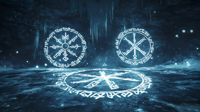 Two norse runic symbols called aegishjalmur which aslo mean helm of awe and vegvisir, also know as wayfinder. Runic. Illustration