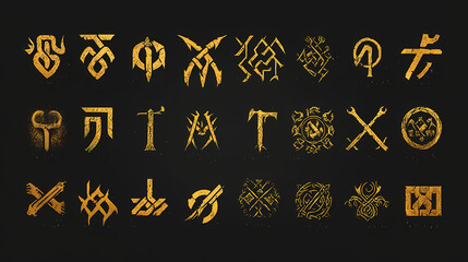 Viking norse futhark. ancient runic design icons. enigmatic symbols for games or tattoos. modern collection with nordic mythology and celtic touches. Runic. Illustration
