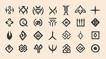 Viking norse futhark. ancient runic design icons. enigmatic symbols for games or tattoos. modern collection with nordic mythology and celtic touches. Runic. Illustration