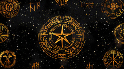Naklejka premium Vintage golden runic symbols on black starry background. Runic. Illustration