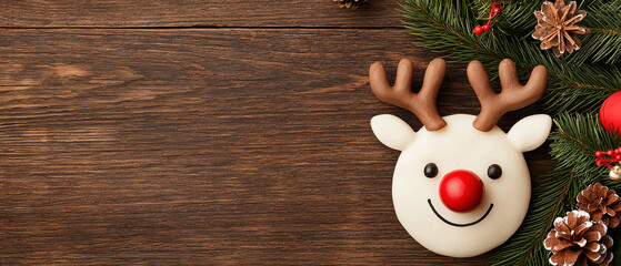 Christmas Pizza Festive Theme, Cute reindeer face with red nose and antlers, surrounded by festive decor