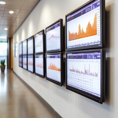 Wall-mounted monitors displaying financial data charts in an office hallway.