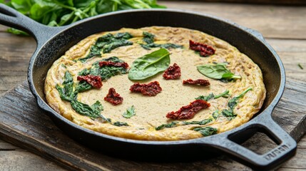 Savory Vegan Chickpea Frittata with Spinach and Sun-dried Tomatoes in Rustic Skillet - Plant-based Food Photography