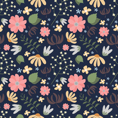 Seamless Floral Pattern – Colorful Wildflowers on Dark Background