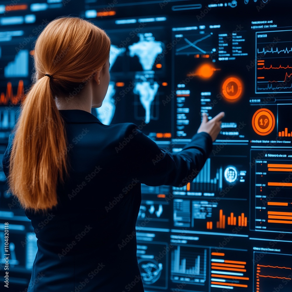 Poster woman interacting with a large digital display showing data visualizations and graphs.