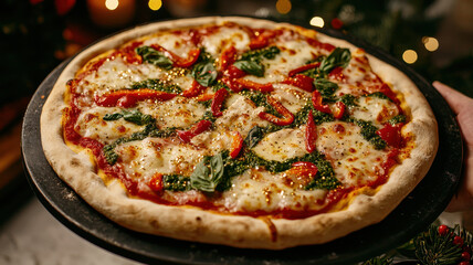 Christmas Pizza Festive Theme, Delicious pizza topped with red peppers and basil on festive platter