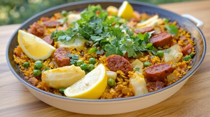 Vibrant Vegan Paella with Saffron Rice, Seasonal Vegetables, and Plant-Based Chorizo, Accented with Lemon and Herbs for Healthful Eating Concept