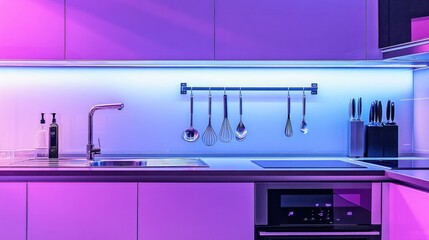 Modern kitchen with colorful lighting and cooking utensils.