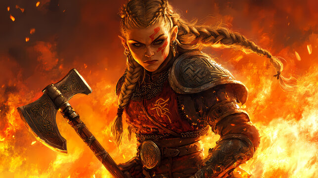 Intense warrior dwarf female with braided hair holding a battle axe, clad in detailed armor with runic inscriptions, standing against a fiery background. Runic. Illustration