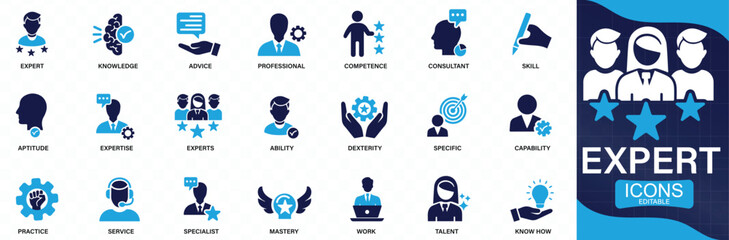  Expert icon set. advice, competence, expertise, knowledge, skill, specialist, , You can easily change the color .