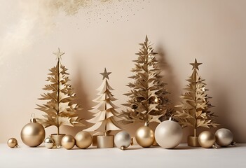 Decorated gold Christmas tree with golder patchwork ornament artificial star hearts presents for new year on white background