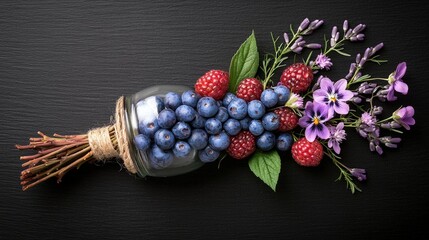 Rustic Summer Berries Flowers Glass Jar Still Life Photography