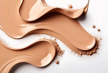 Obraz premium Liquid foundation strokes on light color background, Makeup creamy texture, Skin tone cosmetic product smear smudge swatch