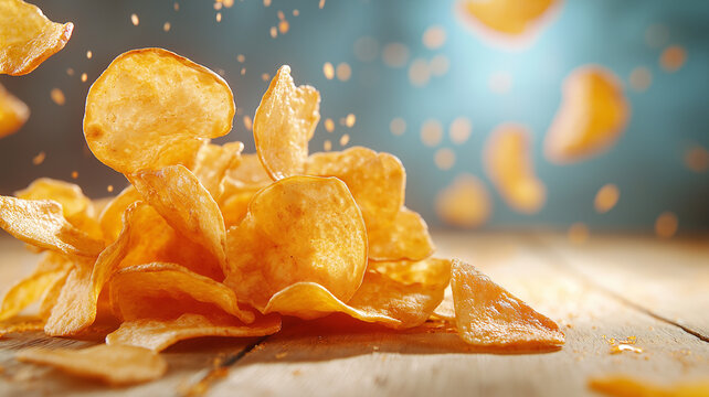 Crispy potato chips scattered on wooden surface, creating delightful snack scene