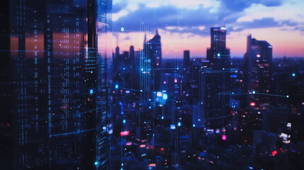 Smart digital city with connection cyber security network reciprocity over the twilight cityscape.future wireless digital city and social media networking systems that connects people within the city