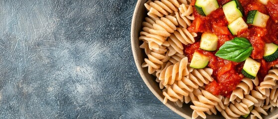 Close-up of zucchini and wheat pasta blend with sauce.