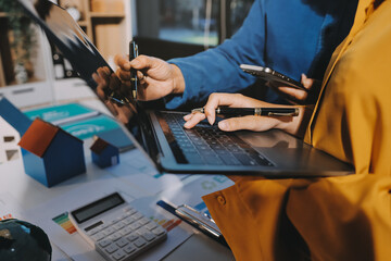 ESG environmental social governance display on laptop on eco-friendly company meeting with business people implementing environmental protection for clean and sustainable future ecology. Trailblazing