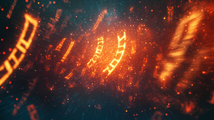 Flying through abstract runic symbols in a magical expanse - mystical long exposure background. Runic. Illustration
