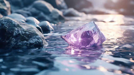 Floating gem stone over the water. illustration and rendering in Runic. Illustration