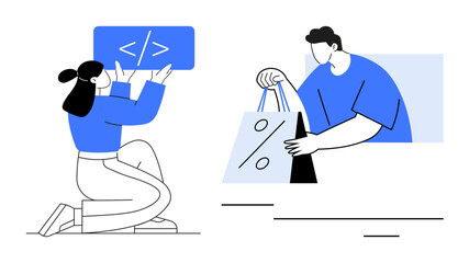 Developer holding code while kneeling and shopper holding shopping bags with a percentage symbol. Ideal for tech development, e-commerce, programming, teamwork, online shopping, business deals