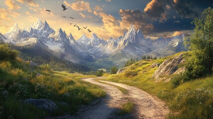 Serene Mountain Landscape with Path, Birds, and Dramatic Sky
