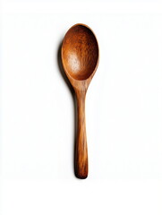 Close-up of one spoon with brown wooden texture. Isolated on white. Top view.