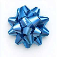 Close-up of a one shiny bow decoration made of blue ribbon. Isolated on white background. Top view. Christmas, xmas, New Year, Birthday, Anniversary, Celebration, Gift, Packaging, Decoration.