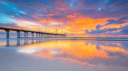 Obraz premium Serene Sunset Over Coastal Pier With Wind Turbines