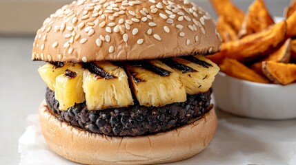 Delicious Gourmet Plant-Based Burger with Black Bean Patty, Grilled Pineapple, and Teriyaki Sauce on Sesame Seed Bun with Sweet Potato Fries - Close-Up Ultra-Detailed Food Photography