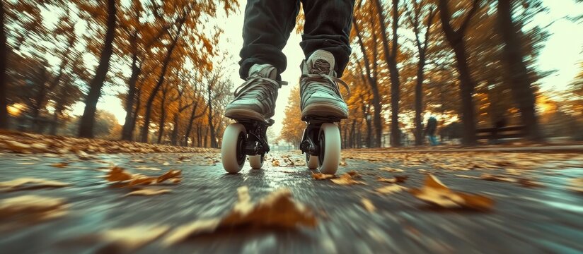 A low angle shot of a person skating on inline skates through a park in autumn with leaves on the ground, the trees in the background are blurred.
