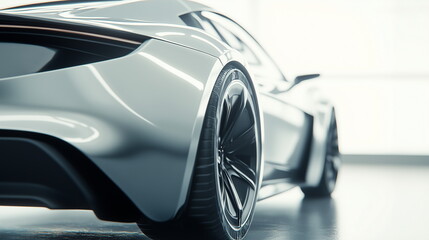 Close-up of the side of a futuristic silver sports car with a focus on the wheels and tires. Sporty, luxury, futuristic, car, advertising, background. Isolated on white.
