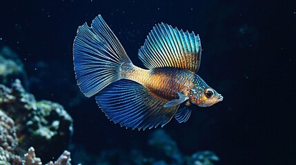 Fototapeta premium A Stunning Peacock Fish With a Rainbow Tail Glides Through the Deep Sea 