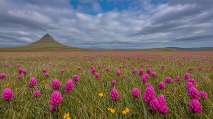 Obraz premium Blooming Pink Wildflowers Field Mountain Landscape Nature Scene