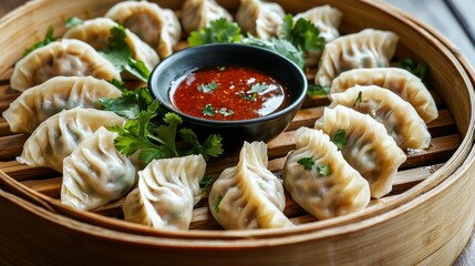 Exquisite Plant-Based Dumplings with Spicy Dipping Sauce on Bamboo Steamer Tray