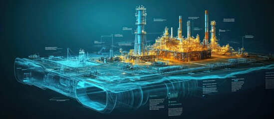A 3D rendering of an offshore oil rig platform with a pipeline connecting it to the shore.