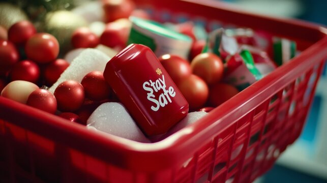 Festive Sleigh Filled with Health Supplies and "Stay Safe" Message for Holiday Season Precautions