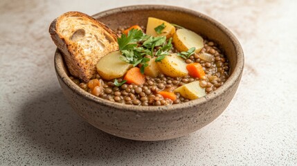 Wholesome Vegan Lentil Stew with Carrots and Potatoes - Plant-Based Comfort Food in Rustic Bowl with Fresh Herbs and Bread for Dipping