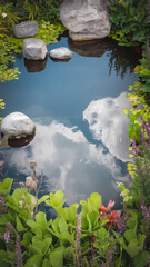 Naklejka premium Garden Pond with Stone Stepping Stones and Cloud Reflection